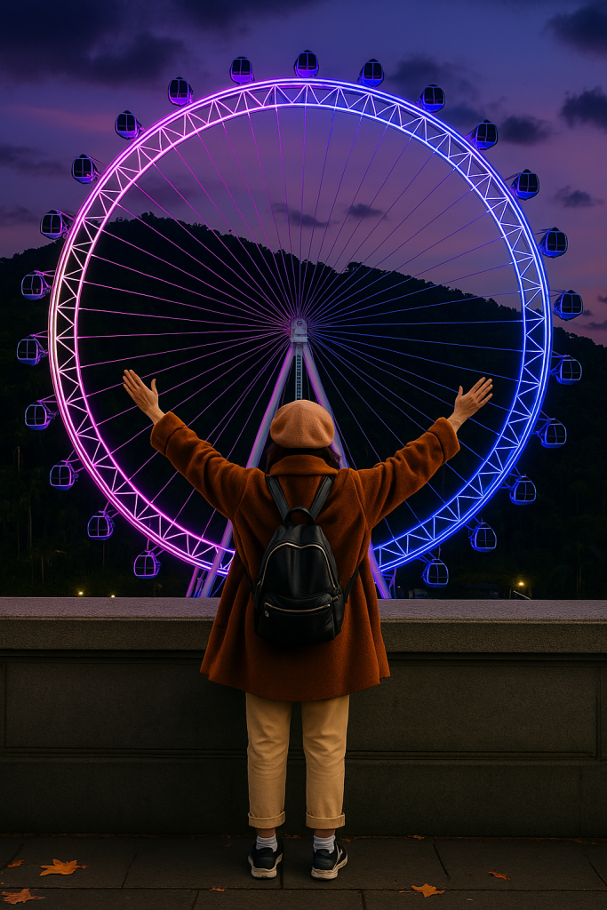 Roda-gigante iluminada ao entardecer em Balneário Camboriú com turista de braços abertos admirando a vista