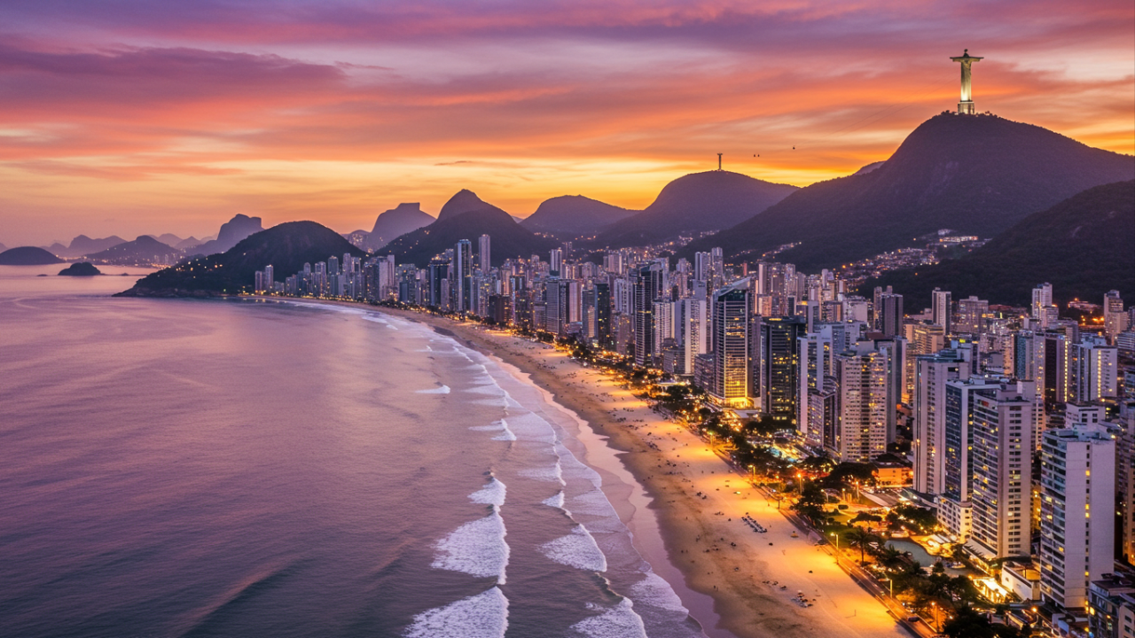 Vista aérea de Balneário Camboriú ao pôr do sol mostrando os arranha-céus à beira-mar, o Cristo Luz iluminado no morro, o teleférico e a praia alargada com pessoas aproveitando a orla.